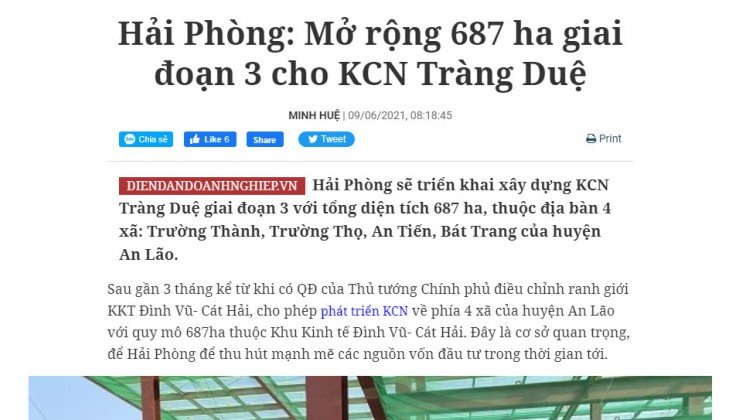 Bán lô góc 2 mặt tiền ngay sát kcn Tràng Duệ mở rộng